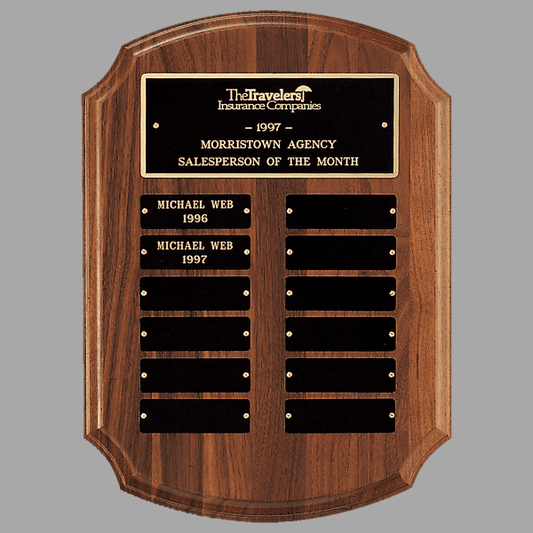 11" x 15" 12 Walnut Plate Perpetual Plaque w/ Black Brass – item P2541
