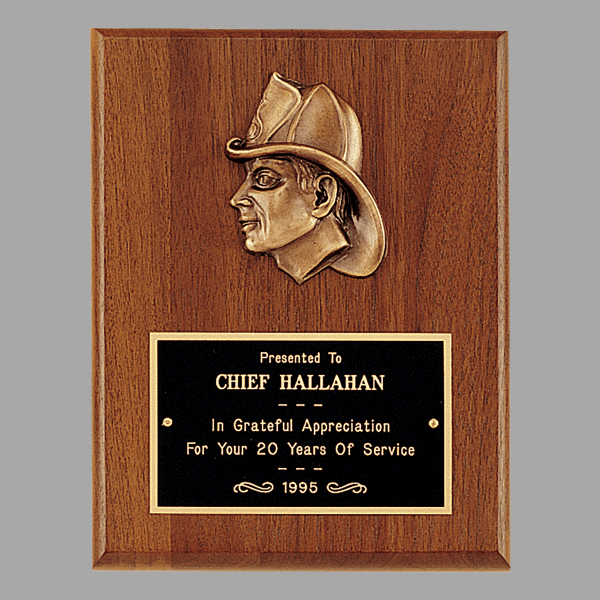 7" x 9" Walnut Plaque w/ Firefighter Relief & Black Plate – item P2792