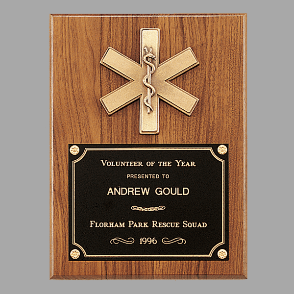 9" x 12" Walnut Plaque w/ Gold EMT Star of Life & Black – item P2930