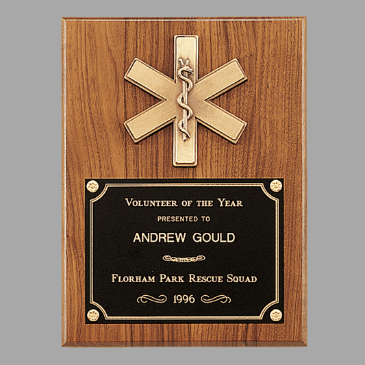 9" x 12" Walnut Plaque w/ Gold EMT Star of Life & Black – item P2930
