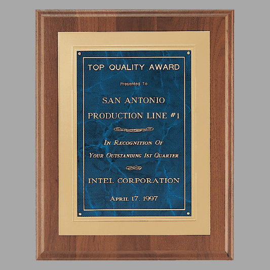 12" x 15" Walnut Step Edge Plaque w/ Sapphire Marble Gold – item P3120