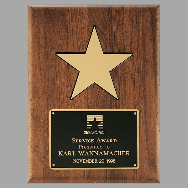 9" X 12" Gold Aluminum Star on a Solid Walnut Plaque – item P3328