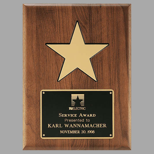 9" X 12" Gold Aluminum Star on a Solid Walnut Plaque – item P3328