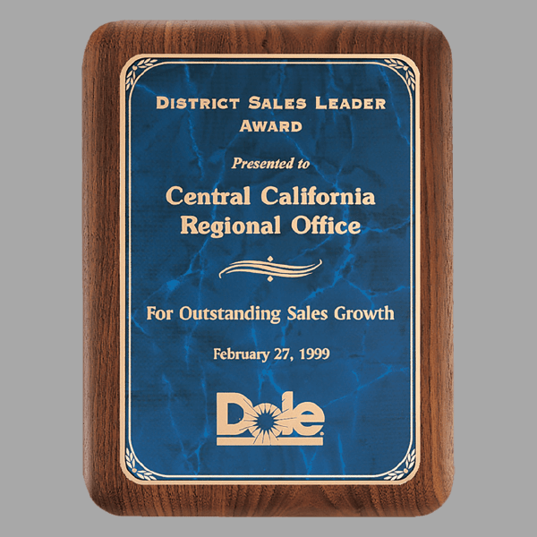 8" x 10.5" Walnut Plaque w/ Gold Border Sapphire Marble – item P3487