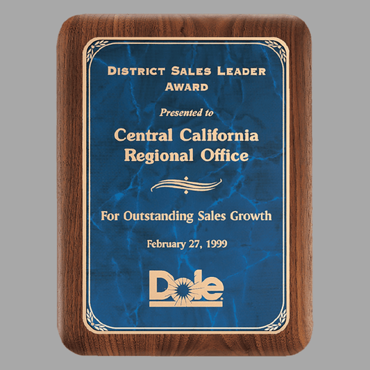9" x 12" Walnut Plaque w/ Gold Border Sapphire Marble Plate – item P3488