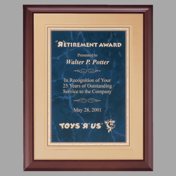 11" x 14" Hand Rubbed Cherry Plaque w/ Sapphire Gold – item P3556