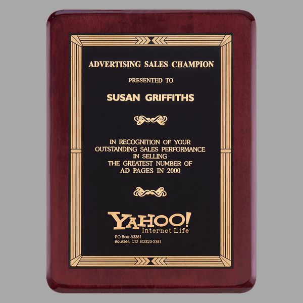 9" x 12" Rosewood Piano Plaque w/ Gold Border Black Plate – item P3628