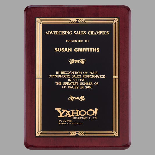 9" x 12" Rosewood Piano Plaque w/ Gold Border Black Plate – item P3628