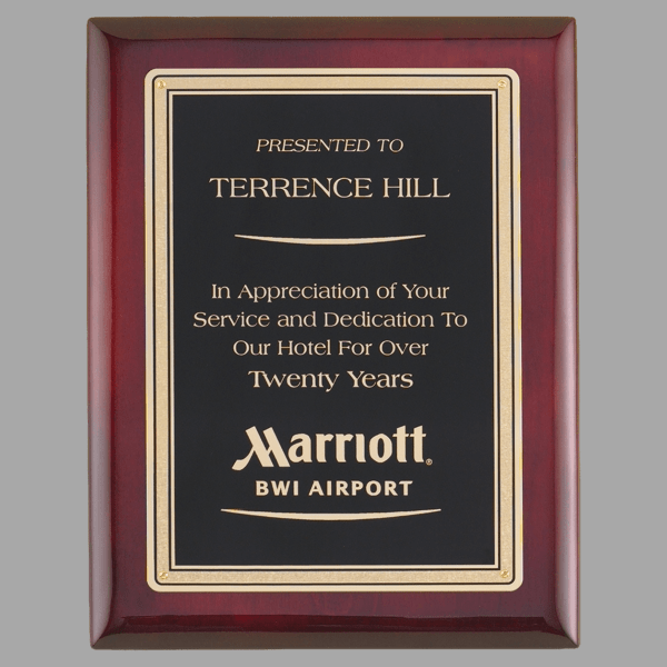 7" x 9" Rosewood Piano Plaque w/ Gold Border Black Plate – item P4155