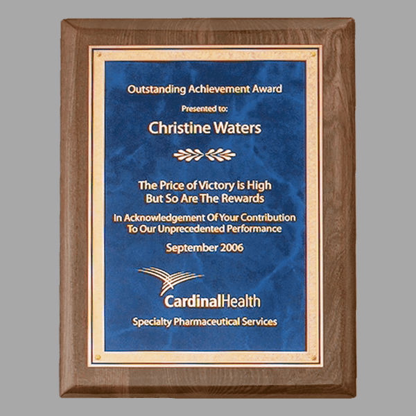 8" x 10.5" Walnut Piano Plaque w/ Gold Florentine Sapphire – item P4201