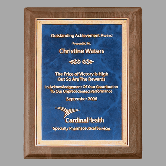 8" x 10.5" Walnut Piano Plaque w/ Gold Florentine Sapphire – item P4201