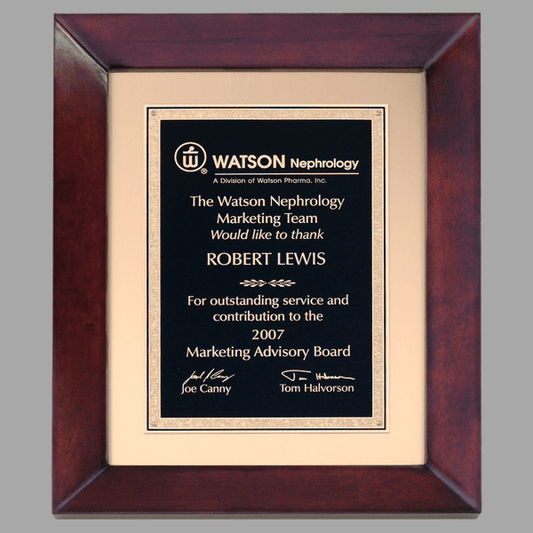 12" x 15" Cherry Frame wtih Gold Metal Background Plaque – item P4270