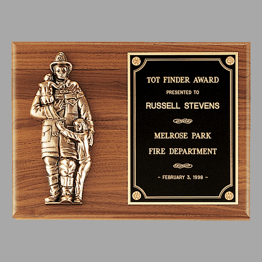 9" x 12" Walnut Plaque w/ Firefighter Relief & Black Plate – item P7