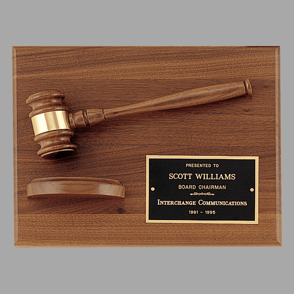 9" x 12" Solid Walnut Plaque w/ Gavel, Gold – item PG2786