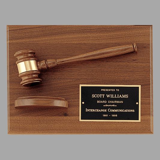 9" x 12" Solid Walnut Plaque w/ Gavel, Gold – item PG2786