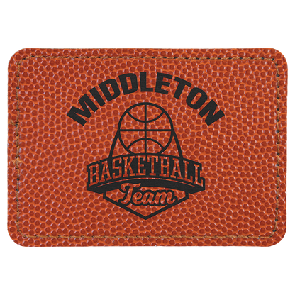 3.5" x 2.5" Basketball Rectangle Leatherette Patch with Pro – item PTH286