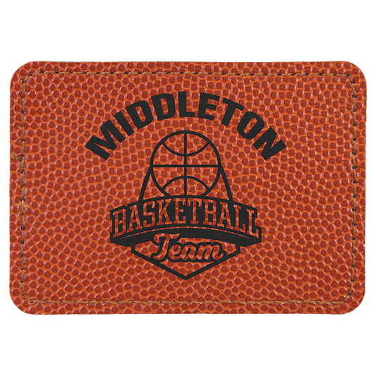 3.5" x 2.5" Basketball Rectangle Leatherette Patch with Pro – item PTH286