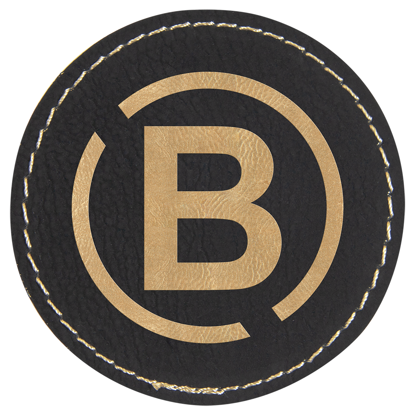 2.5" x 2.5" Black/Gold Round Leatherette Patch with Adhesive – item PTH306
