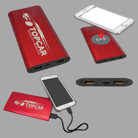Red 8000MAH Power Bank & Wireless Anodized Aluminum Charger – item PWR802C