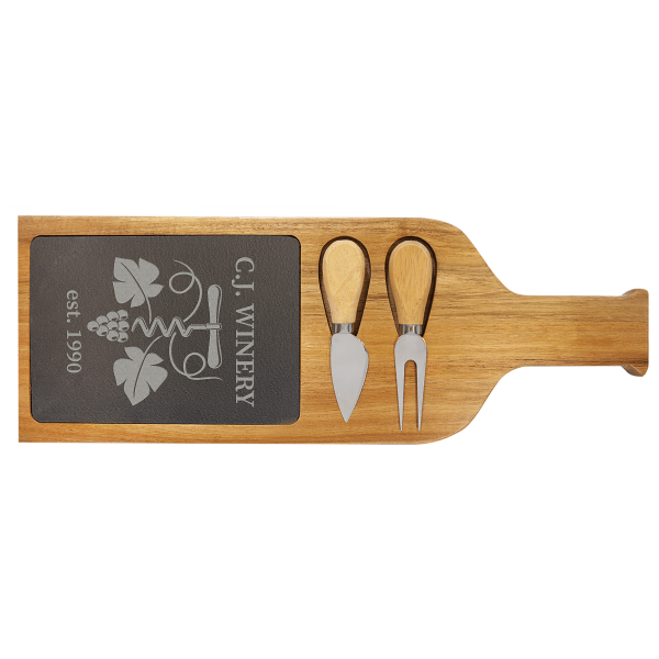 17.5" x 6" Acacia Wood/Slate Serving Board with Two Tools – item SLT081
