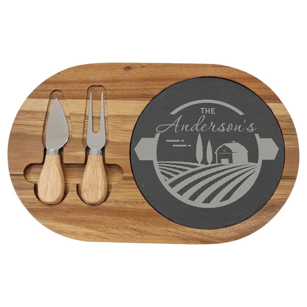 12.5" x 7.75" Acacia Wood/Slate Oval Cheese Set with Two – item SLT088