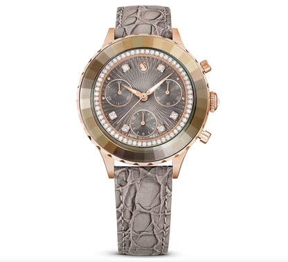 Octea Chrono watch Swiss Made, Leather strap, Gray, Rose gold-tone finish
