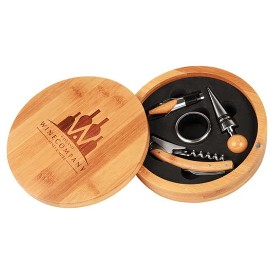 6.25" Round Bamboo 4-Piece Wine Tool Set – item WTL07