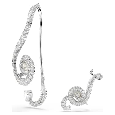 Ariana Grande x Swarovski clip earrings, Asymmetrical design, Crystal pearl, Baguette cut, White, Rhodium plated image 2