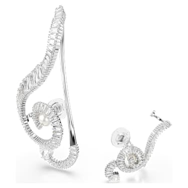 Ariana Grande x Swarovski clip earrings, Asymmetrical design, Crystal pearl, Baguette cut, White, Rhodium plated image 3