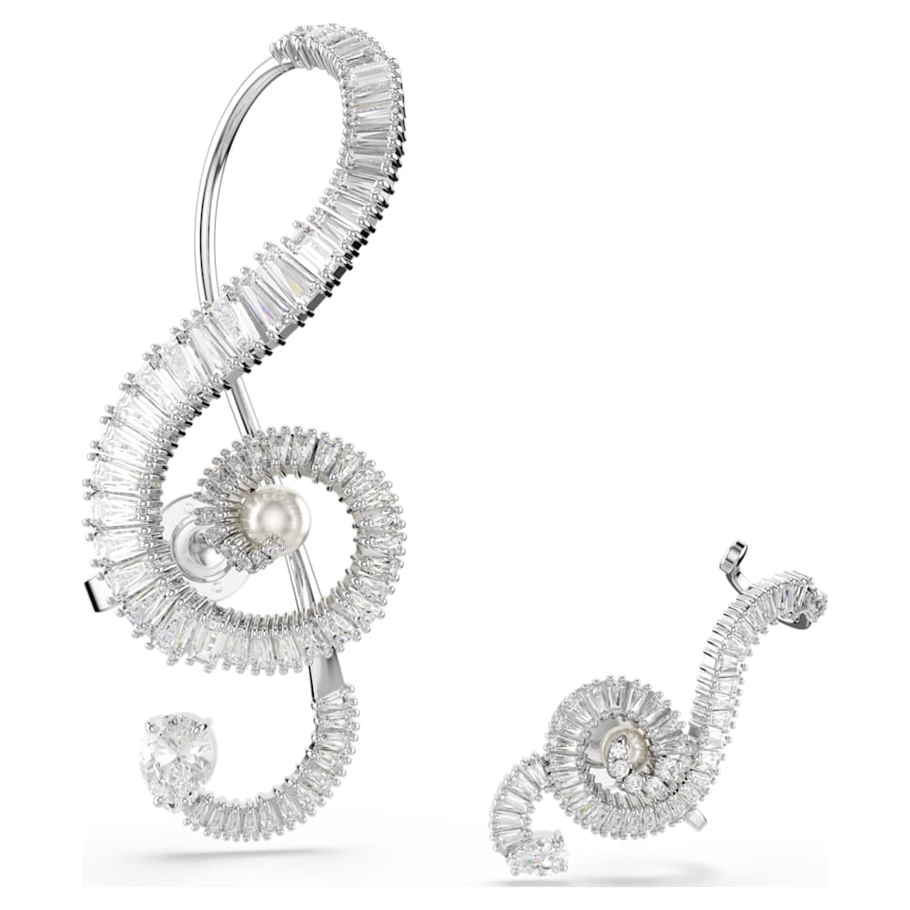 Ariana Grande x Swarovski clip earrings, Asymmetrical design, Crystal pearl, Baguette cut, White, Rhodium plated image 1