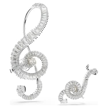 Ariana Grande x Swarovski clip earrings, Asymmetrical design, Crystal pearl, Baguette cut, White, Rhodium plated image 6