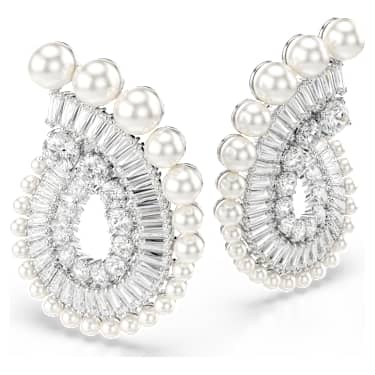 Ariana Grande x Swarovski drop earrings, Crystal Pearl, Mixed cuts, White, Rhodium plated image 3
