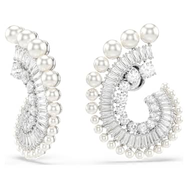 Ariana Grande x Swarovski drop earrings, Crystal Pearl, Mixed cuts, White, Rhodium plated image 2