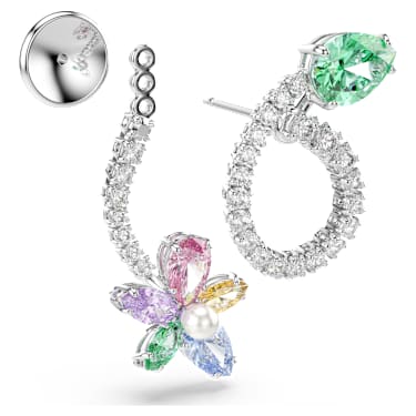 Ariana Grande x Swarovski drop earrings with ear jacket, Mixed cuts, Dragonfly, Flower, Multicolored, Rhodium plated image 3