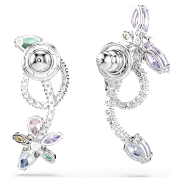 Ariana Grande x Swarovski drop earrings with ear jacket, Mixed cuts, Dragonfly, Flower, Multicolored, Rhodium plated image 4