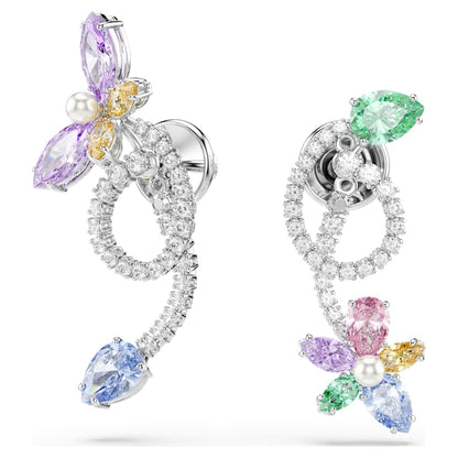 Ariana Grande x Swarovski drop earrings with ear jacket, Mixed cuts, Dragonfly, Flower, Multicolored, Rhodium plated image 1