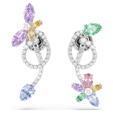 Ariana Grande x Swarovski drop earrings with ear jacket, Mixed cuts, Dragonfly, Flower, Multicolored, Rhodium plated image 2