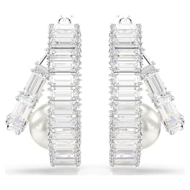 Ariana Grande x Swarovski hoop earrings, Crystal pearl, Baguette cut, White, Rhodium plated image 2