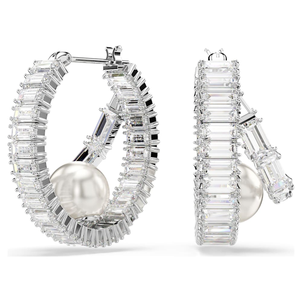 Ariana Grande x Swarovski hoop earrings, Crystal pearl, Baguette cut, White, Rhodium plated image 1