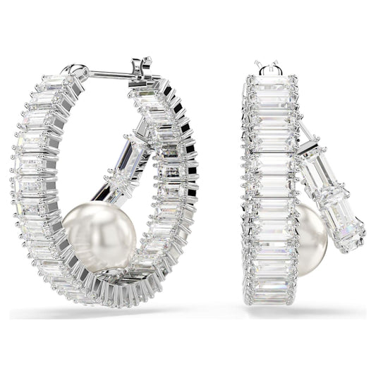 Ariana Grande x Swarovski hoop earrings, Crystal pearl, Baguette cut, White, Rhodium plated image 1