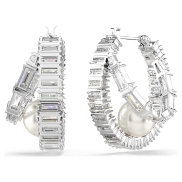 Ariana Grande x Swarovski hoop earrings, Crystal pearl, Baguette cut, White, Rhodium plated image 4
