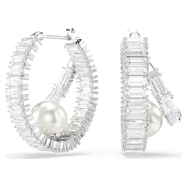 Ariana Grande x Swarovski hoop earrings, Crystal pearl, Baguette cut, White, Rhodium plated image 6