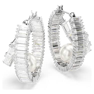 Ariana Grande x Swarovski hoop earrings, Crystal pearl, Baguette cut, White, Rhodium plated image 3