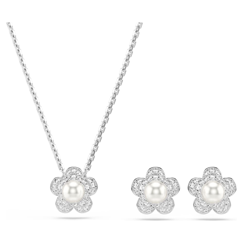 Ariana Grande x Swarovski set, Crystal pearl, Round cut, Flower, White, Rhodium plated image 1