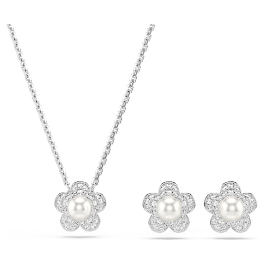 Ariana Grande x Swarovski set, Crystal pearl, Round cut, Flower, White, Rhodium plated image 1