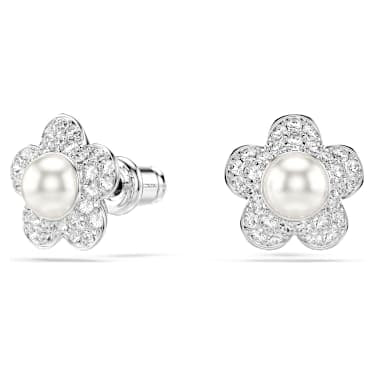 Ariana Grande x Swarovski stud earrings, Crystal Pearl, Round cut, Flower, White, Rhodium plated image 2