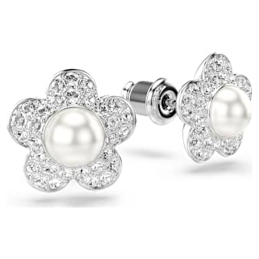 Ariana Grande x Swarovski stud earrings, Crystal Pearl, Round cut, Flower, White, Rhodium plated image 3