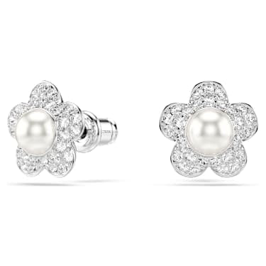 Ariana Grande x Swarovski stud earrings, Crystal Pearl, Round cut, Flower, White, Rhodium plated image 6