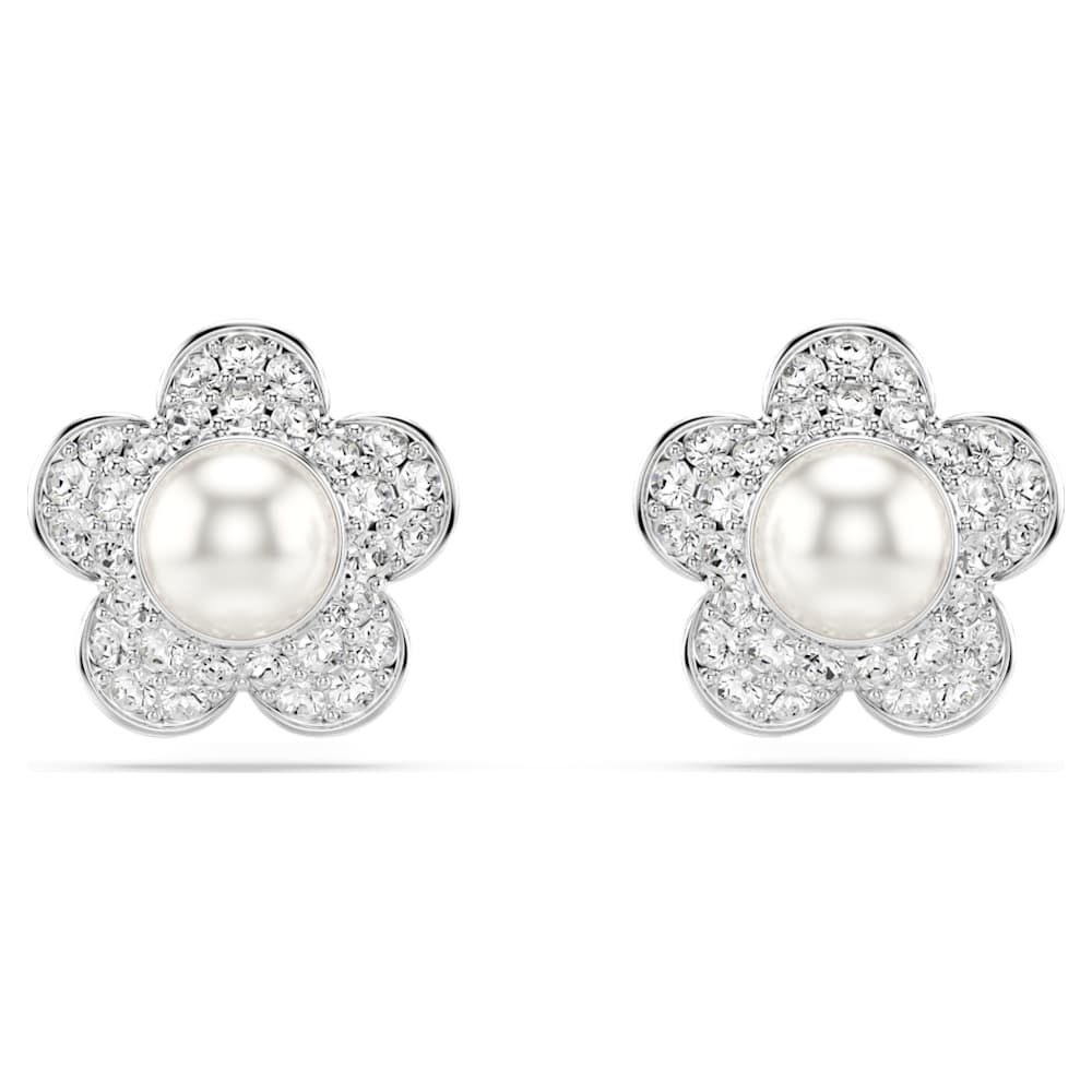 Ariana Grande x Swarovski stud earrings, Crystal Pearl, Round cut, Flower, White, Rhodium plated image 1