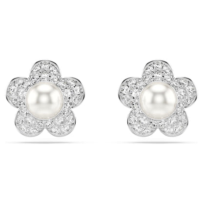Ariana Grande x Swarovski stud earrings, Crystal Pearl, Round cut, Flower, White, Rhodium plated image 1